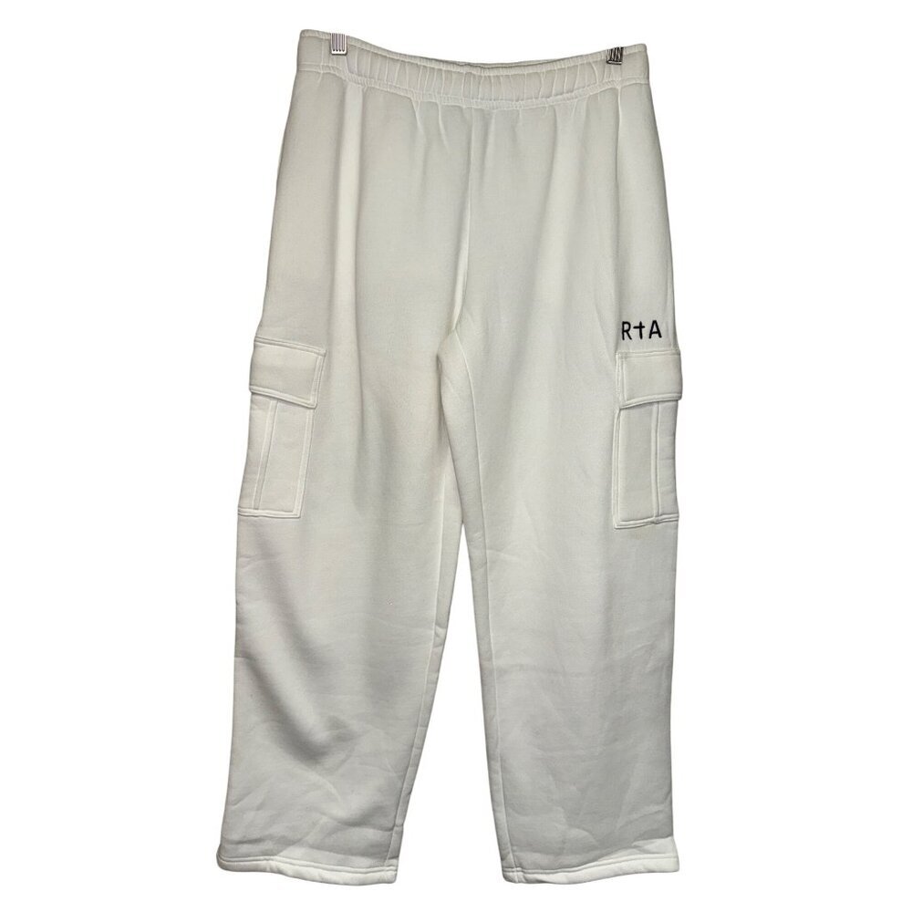 RtA Men's Sweatpants White Cargo Drawstring Thick Fleece Streetwear Large